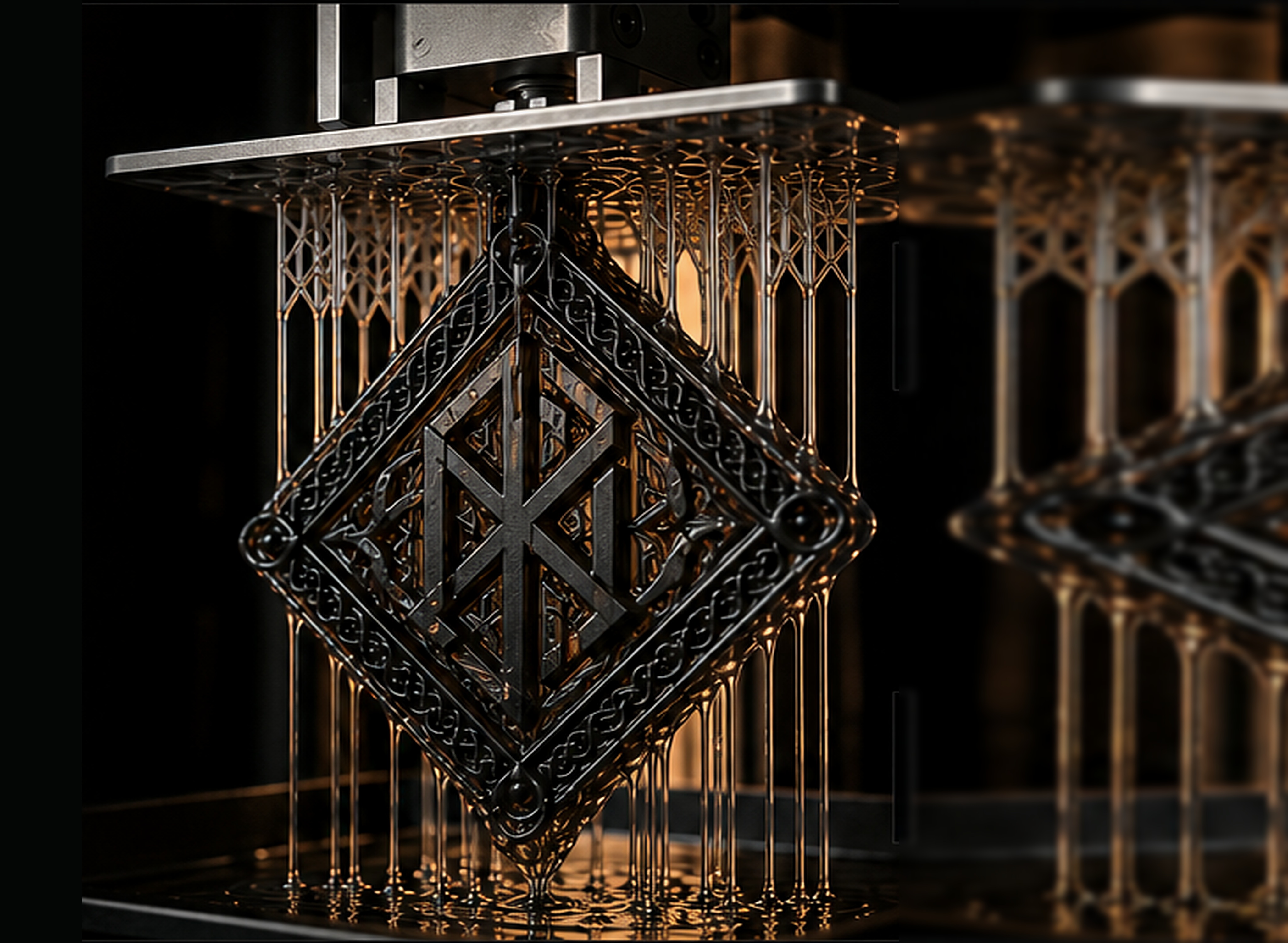 A clean translucent resin Norse rune suspended beneath a resin printer build plate
